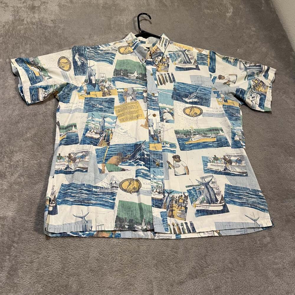 Kahala Hawaiian Islands Shirt Mens Large Nautical Fish Kailua Bay Button Up